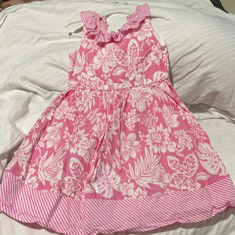 Savannah 6 pink white floral stripe ruffled cotton lined dress euc